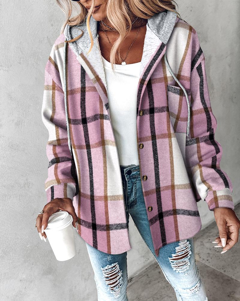 

Casaco com capuz estampa xadrez manga comprida botões frontais cordão design casual bolso camisa forrada térmica, Pink