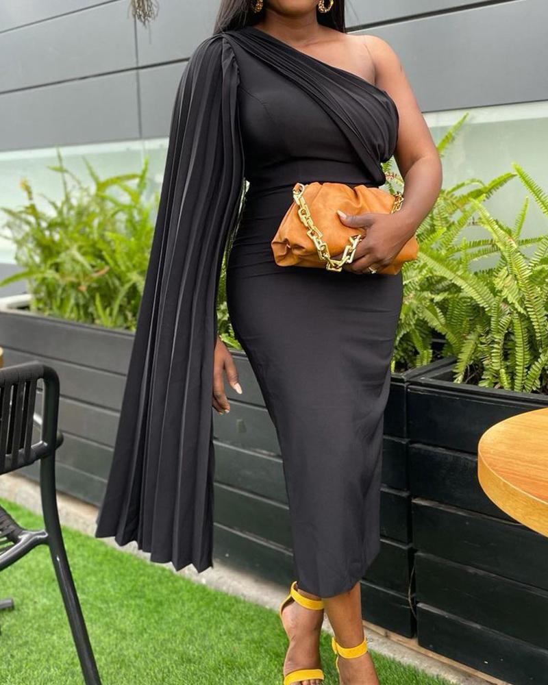 

Solid One Shoulder Cape Sleeve Dress, Black