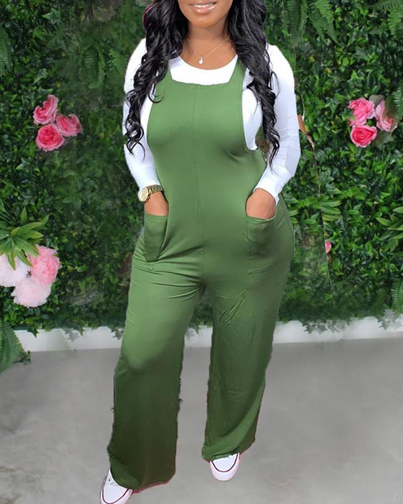 

Plain Pocket Design Wide Leg Suspender Pants, Green