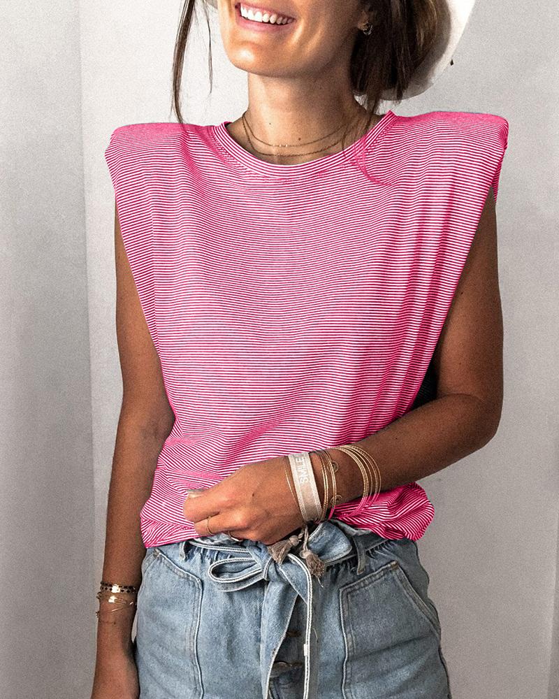 

Striped Padded Shoulder Round Neck Top, Pink