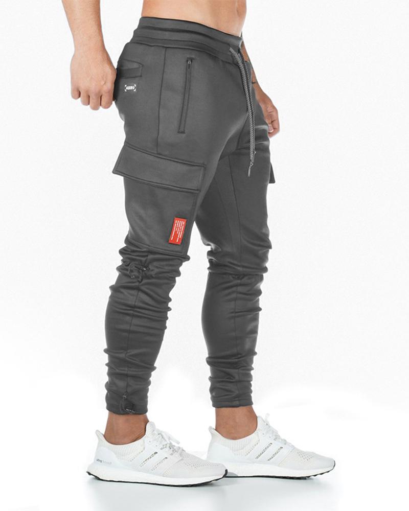 

Men Pocket Design Drawstring Cargo Pants, Gray