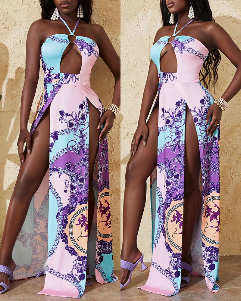

Baroque Print Halter O-Ring Cutout High Slit Maxi Dress, Multicolor