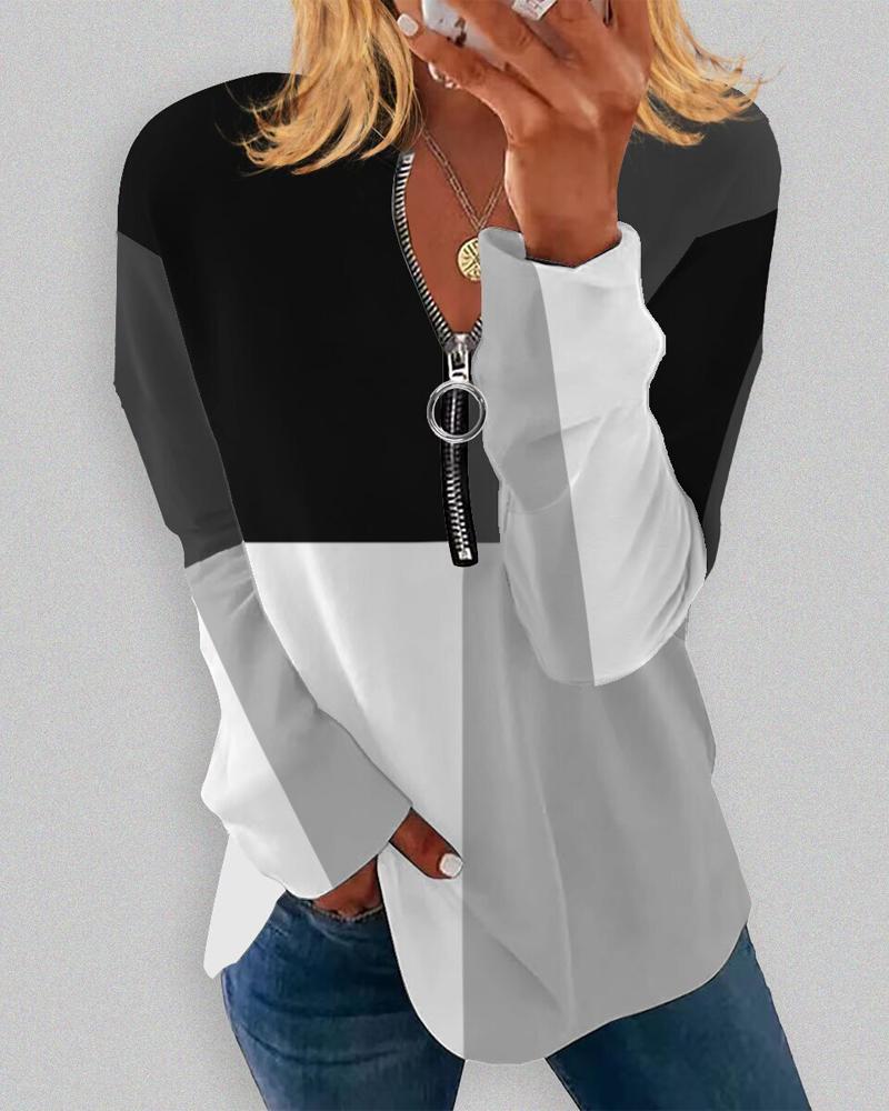 

Colorblock Zip Detail Long Sleeve Top, Gray