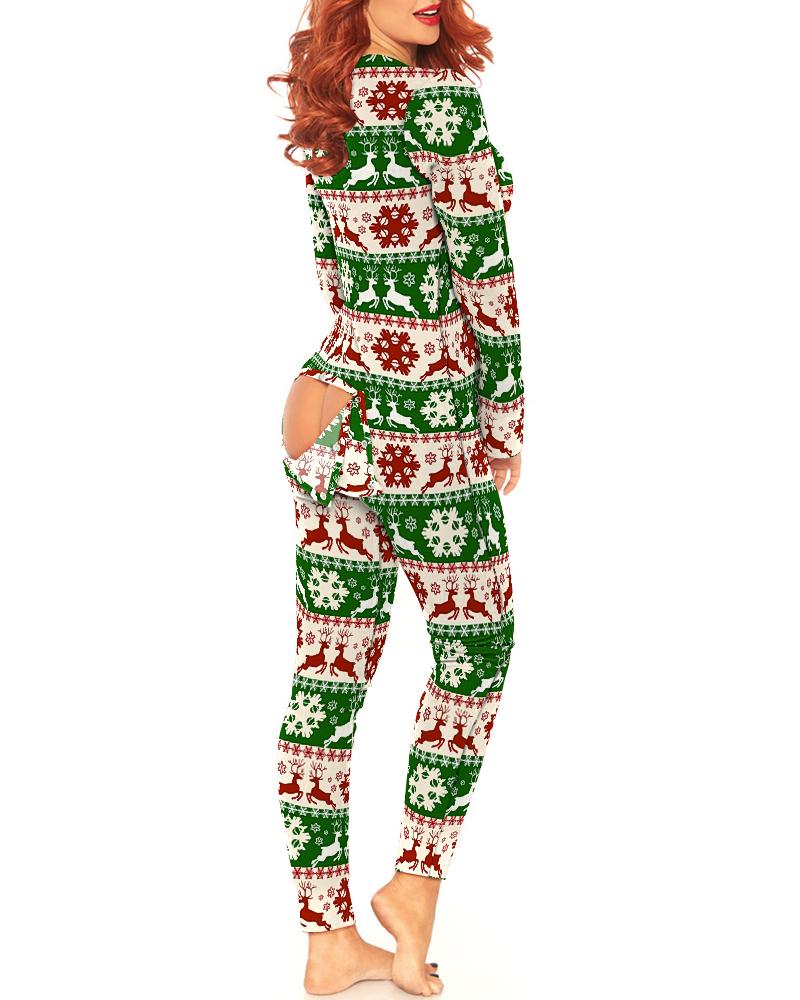 

Christmas Snowflake Elk Print Functional Adult Onesie, Multicolor