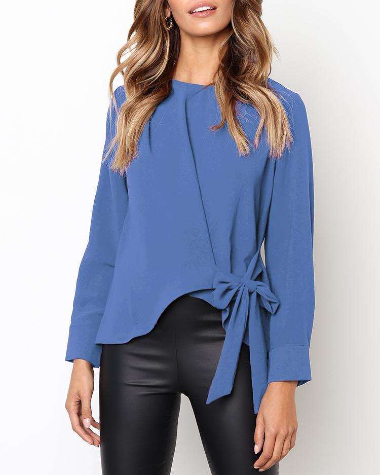 

Solid Long Sleeve Knotted Front Irregular Blouse, Blue