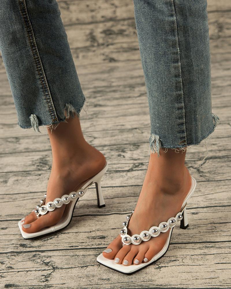 

Square-toe Solid Color Splicing Beaded Toe Post Heel Sandals, White