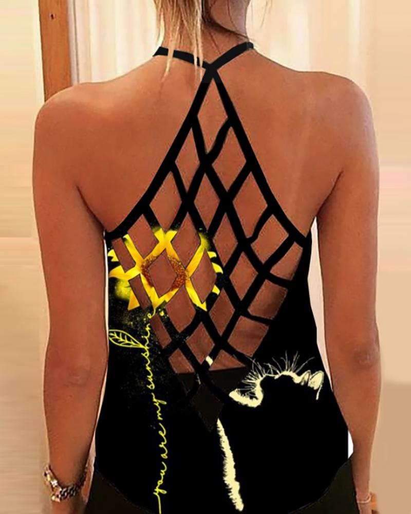 

Sunflower Print Backless Tank Top, Black
