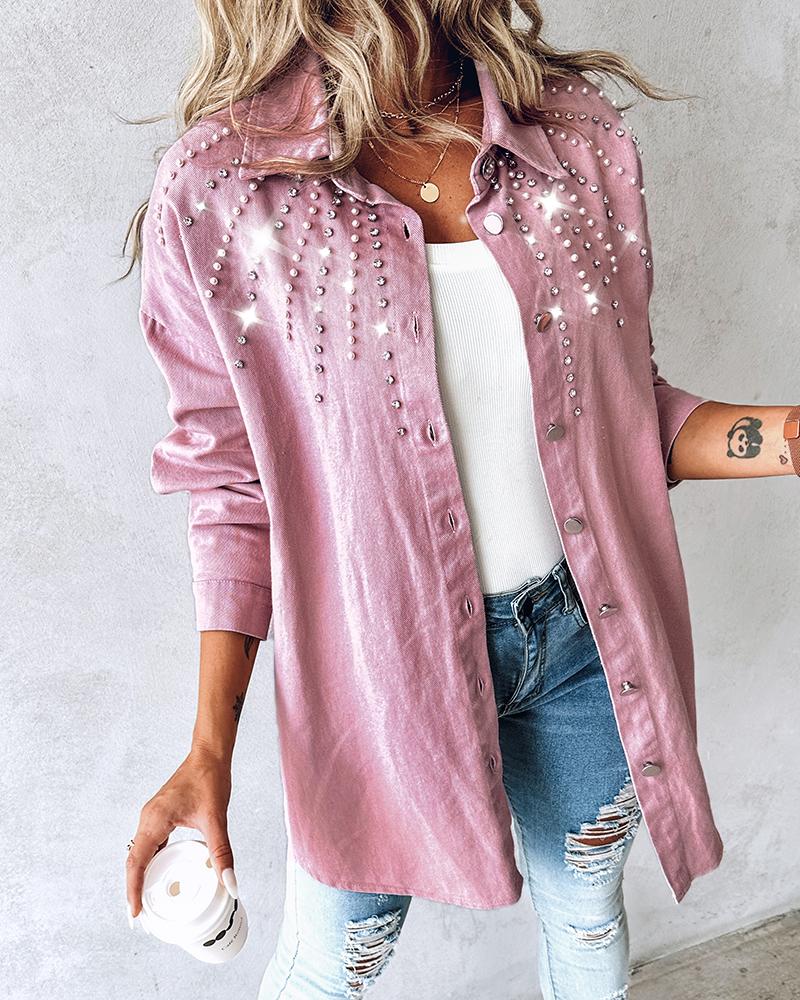 

Studded Beaded Buttoned Denim Jacket, Pink