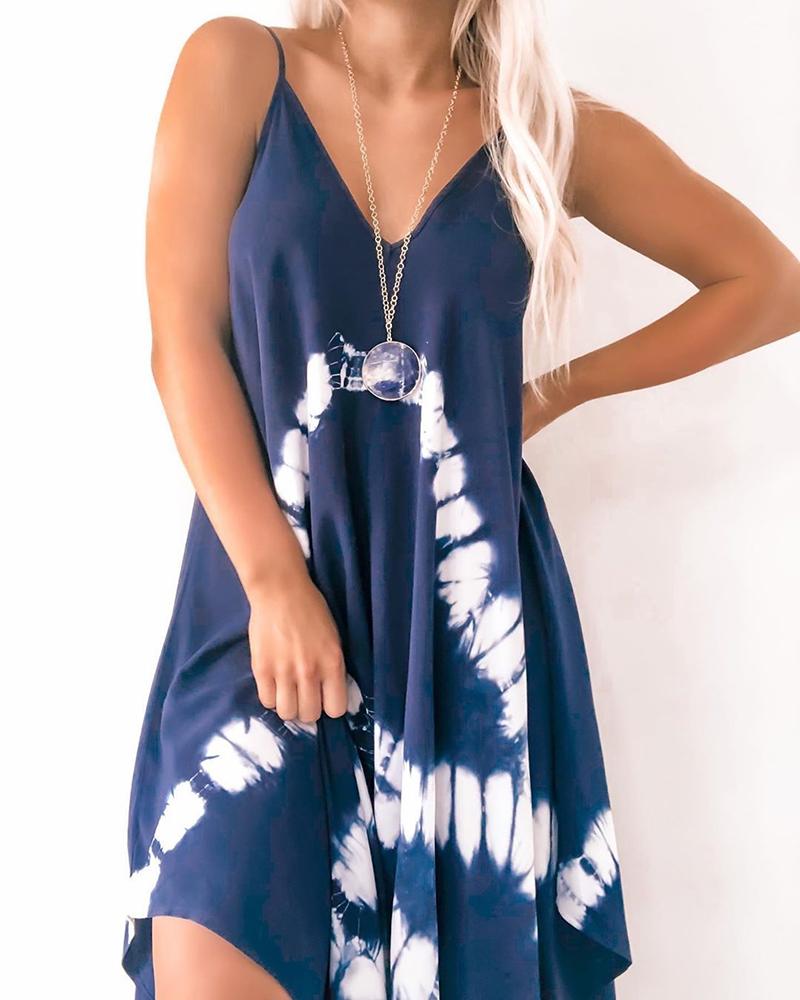 

Spaghetti Strap Tie Dye Print Irregular Casual Dress, Purplish blue