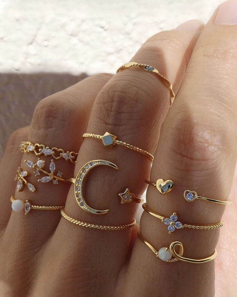

10PCS/Set Rhinestone Pearls Decor Star Moon Geo Pattern Boho Ring, Gold