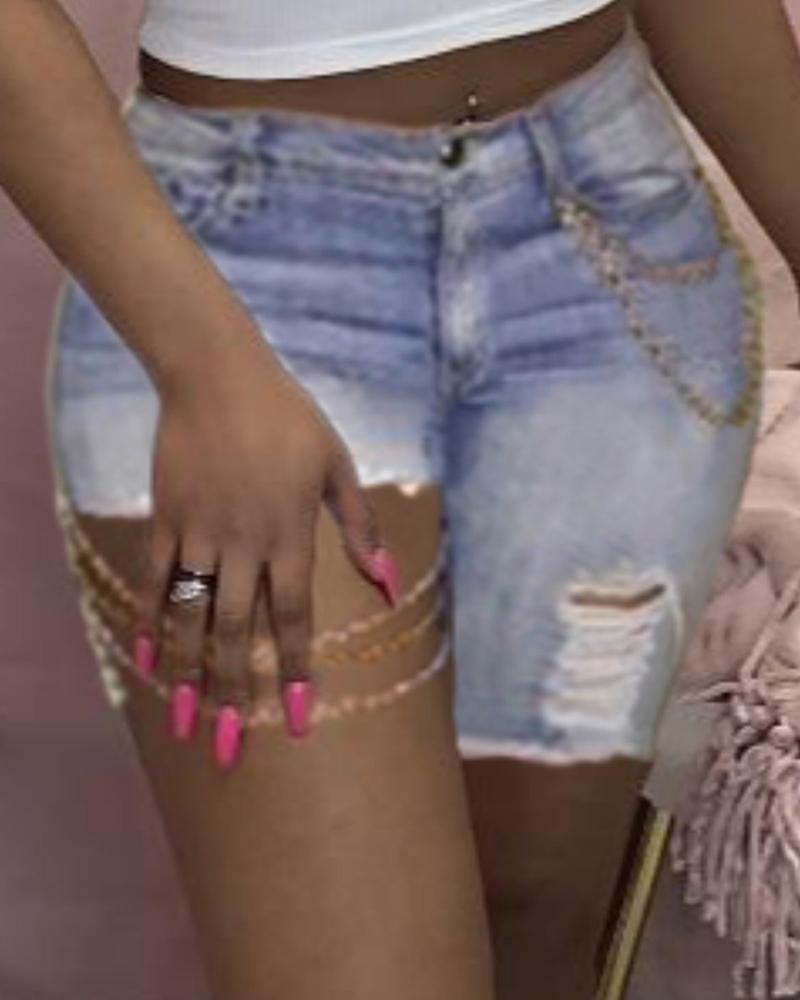 

Ripped Cutout Chain Decor Asymmetrical Denim Shorts, Blue