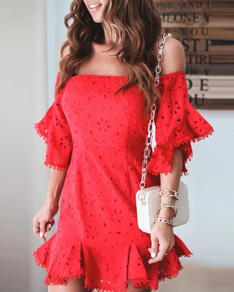 

Off Shoulder Eyelet Embroidery Ruffles Dress, Red