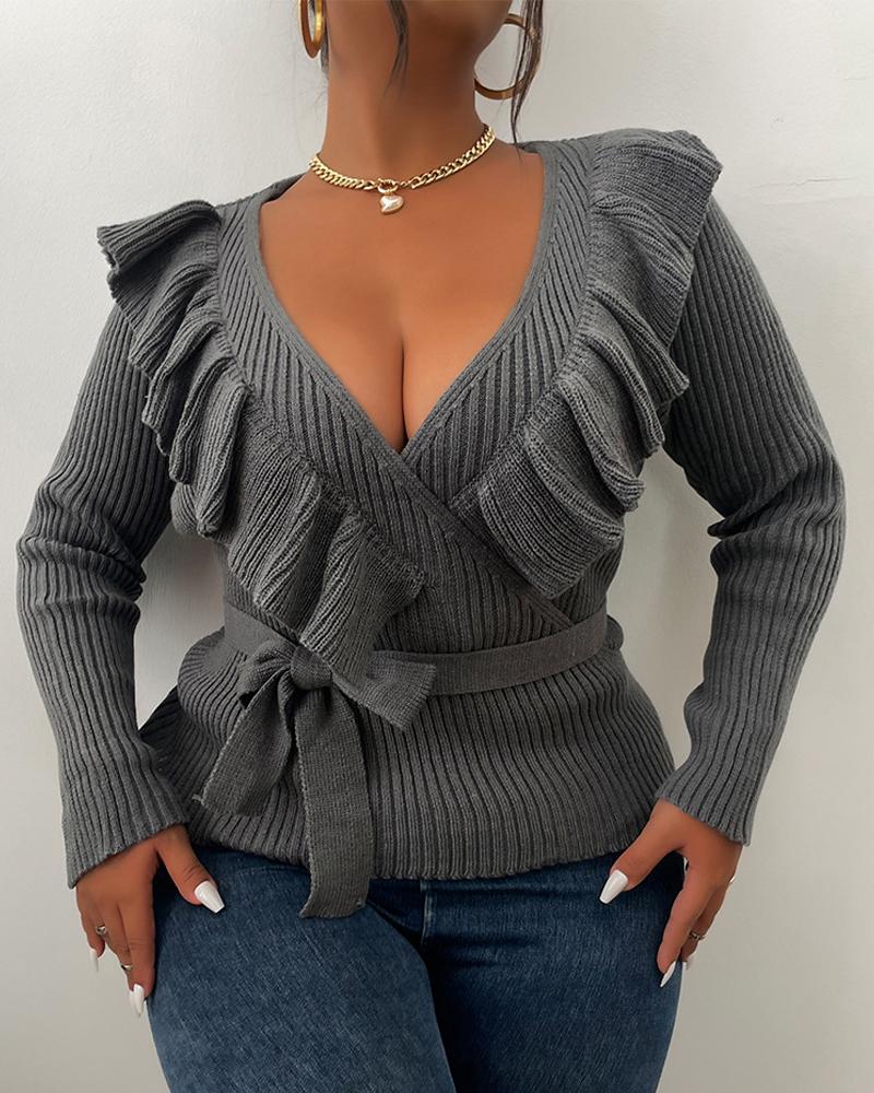 

Plus Size Long Sleeve Ruffle Hem Tied Detail Sweater, Dark grey