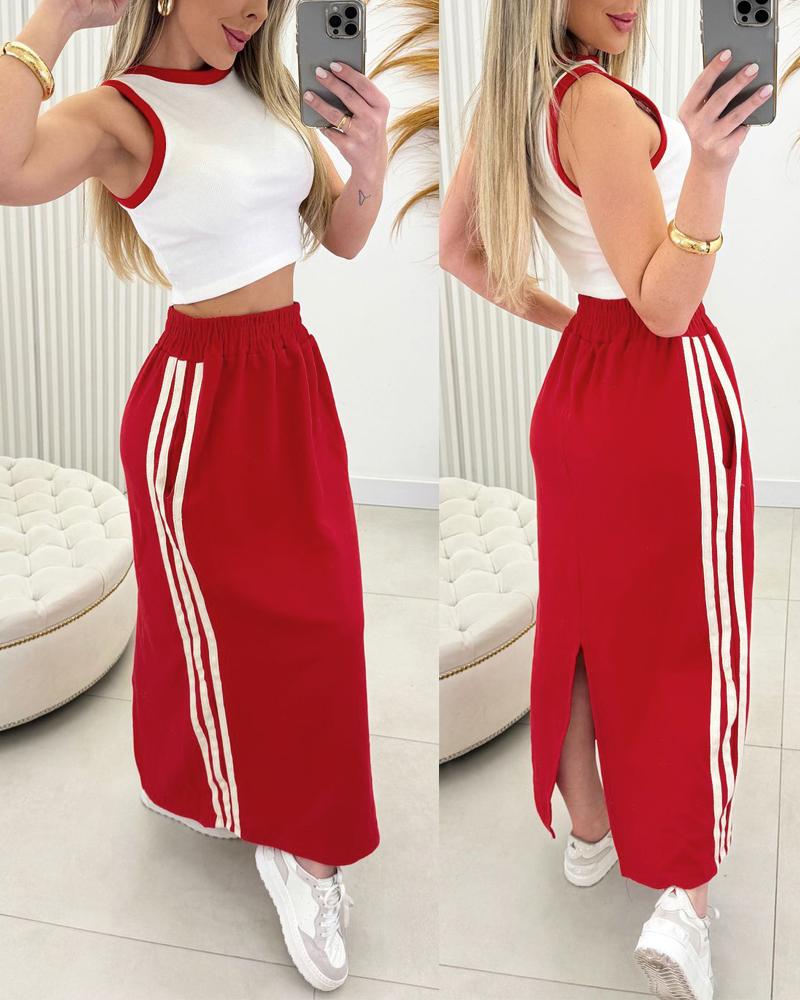 

2 Piece Crewneck Sleeveless Contrast Binding Tank Top Striped Slit Skirt with Pockets Tracksuit Set, Red