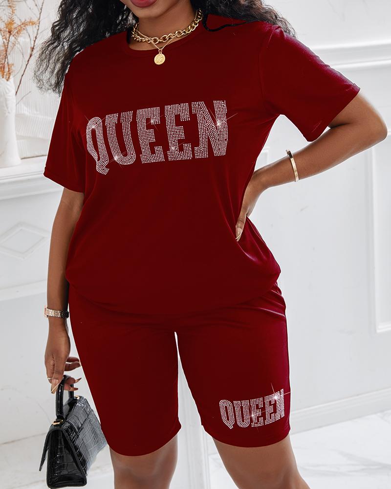 

Rhinestone Letter Pattern Short Sleeve Top & Shorts Set, Wine red