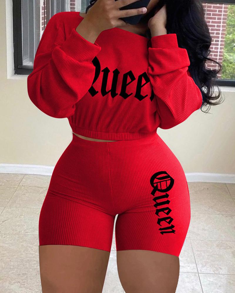 

Letter Embroidery Ribbed Crop Top & Shorts Set, Red