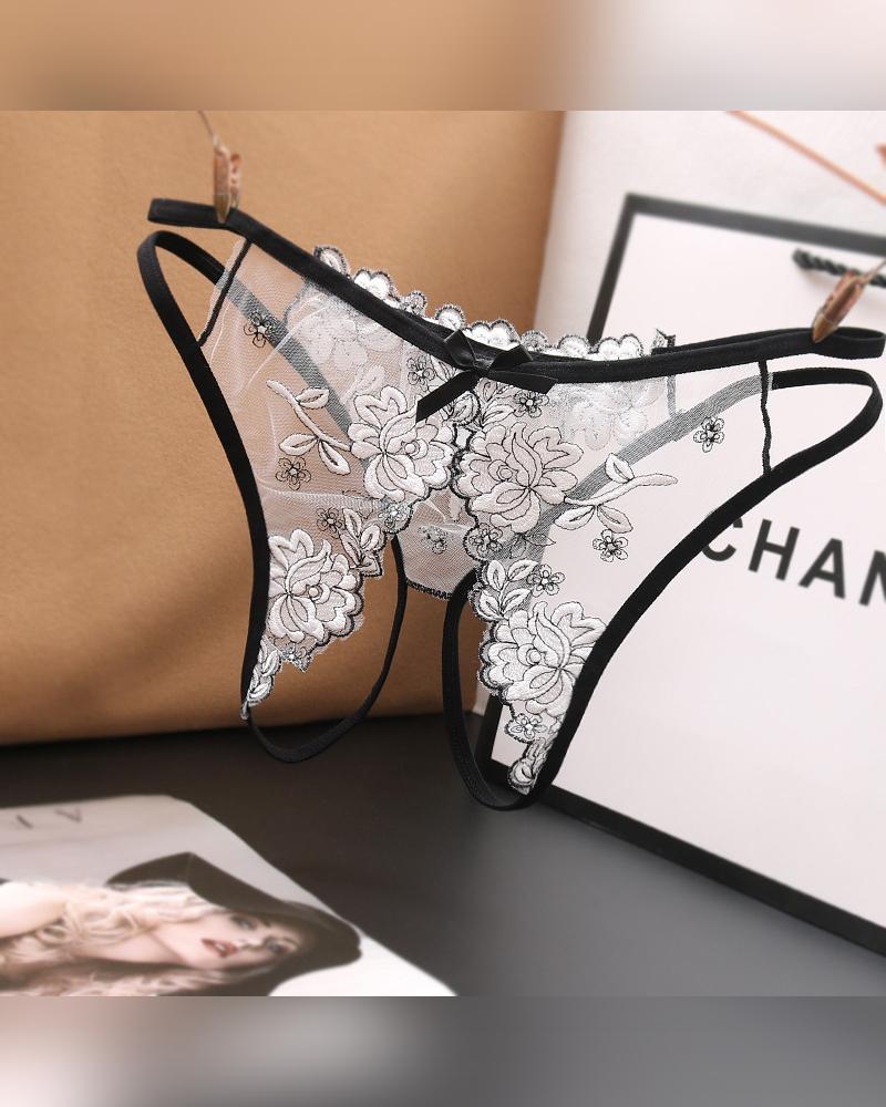 

Sexy See-through Splicing Floral Embroidery Thong Panties, White