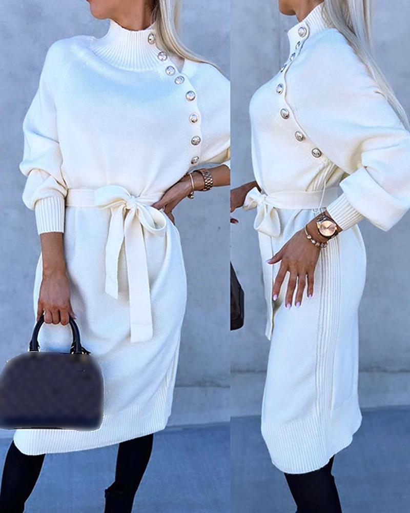 

Tied Detail Buttoned Longline Knit Sweater Jumper Dress, White