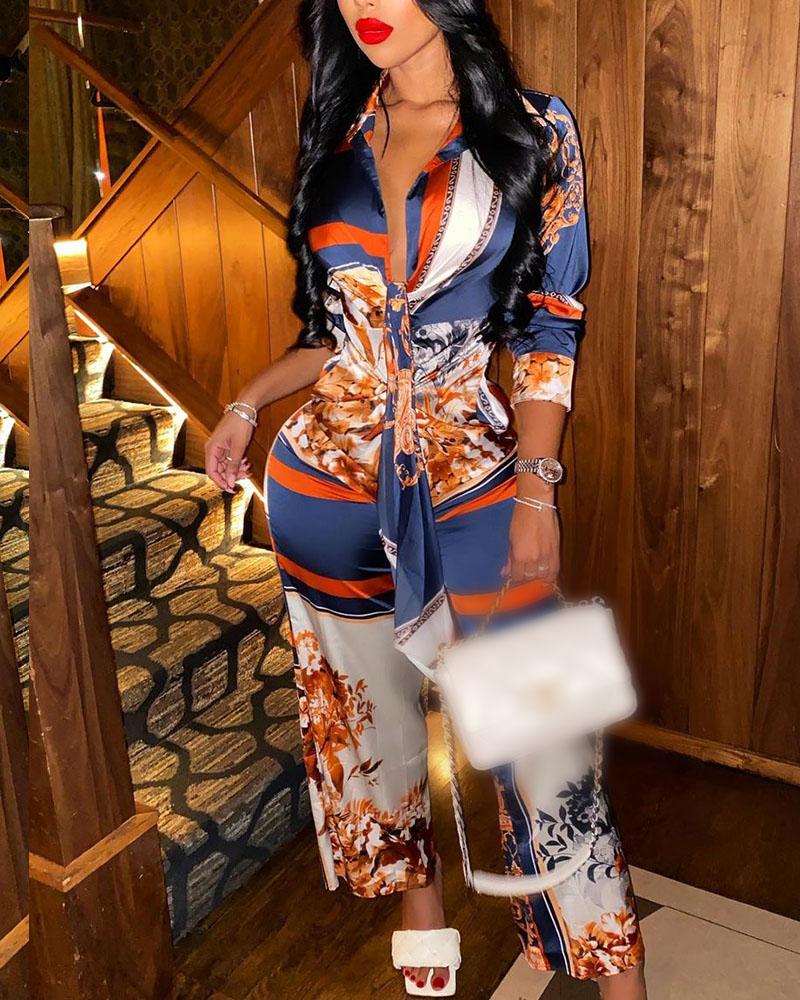 

Floral Print Tied Detail Long Sleeve Jumpsuit, Multicolor
