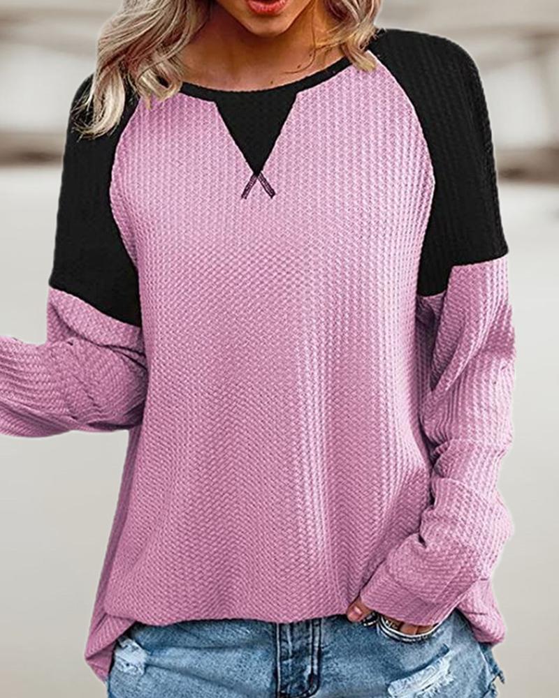 

Long Sleeve Colorblock Waffle Knit Top, Pink