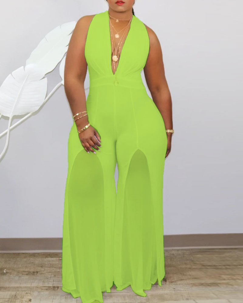 

Plus Size Deep V-Neck Contrast Mesh Wide Leg Jumpsuit, Green