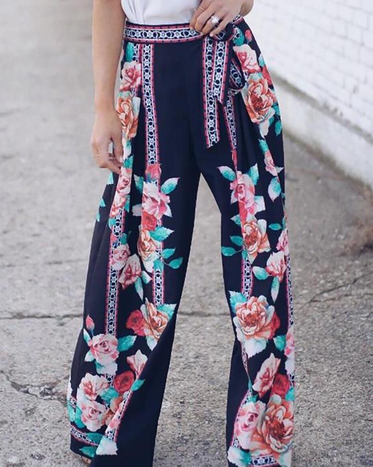 

Boho Style Print Wide Leg Belted Pants, Black