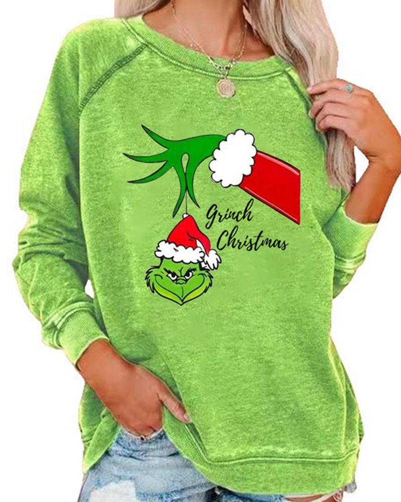 

Christmas Graphic Stole Print Long Sleeve Sweatshirt, Green