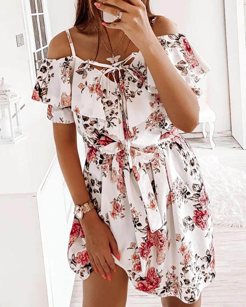 

Cold Shoulder Tie Front Floral Print Ruched Dress, Red