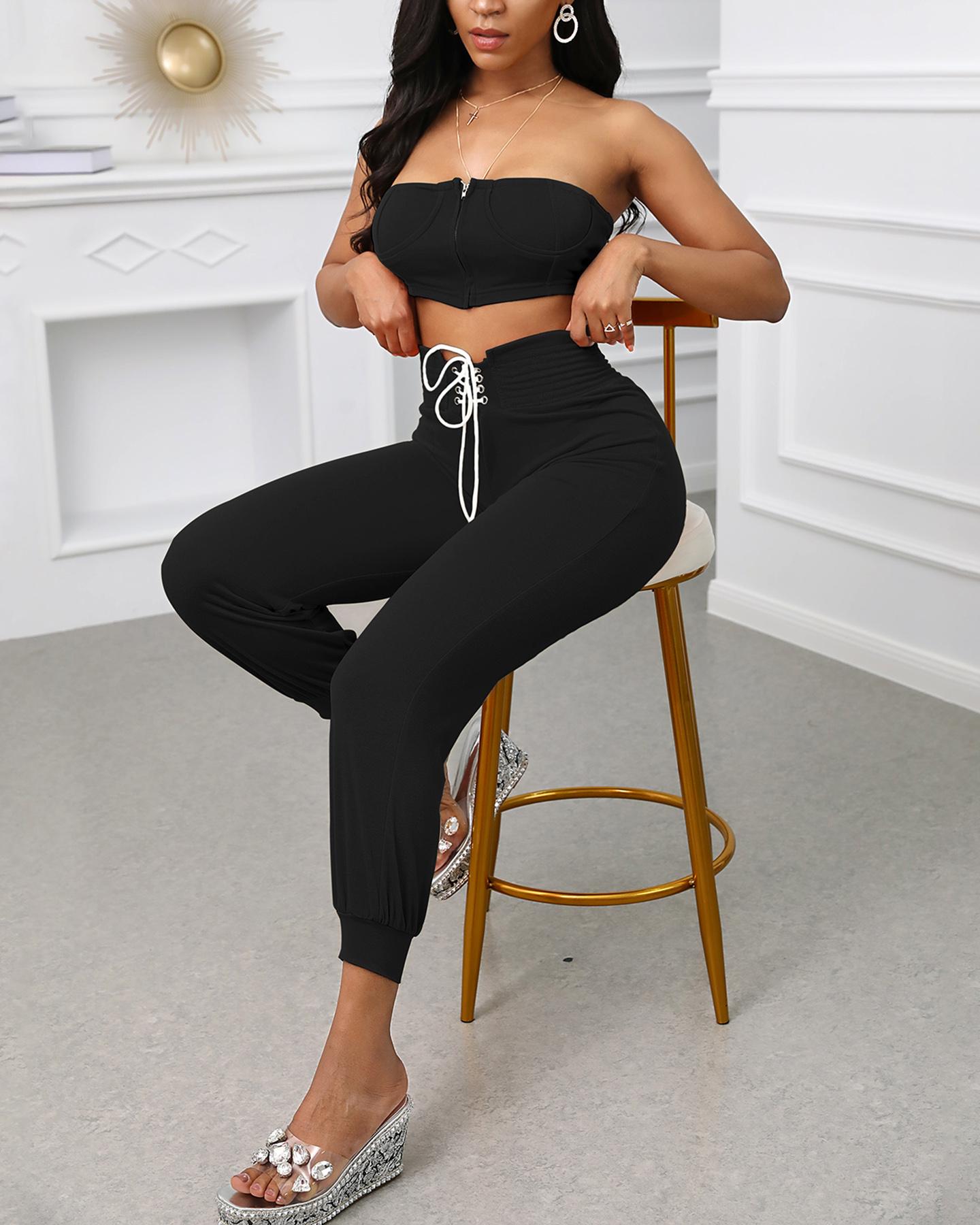 

Zipper Front Bandeau Top & Eyelet Lace-up Pants Set, Black