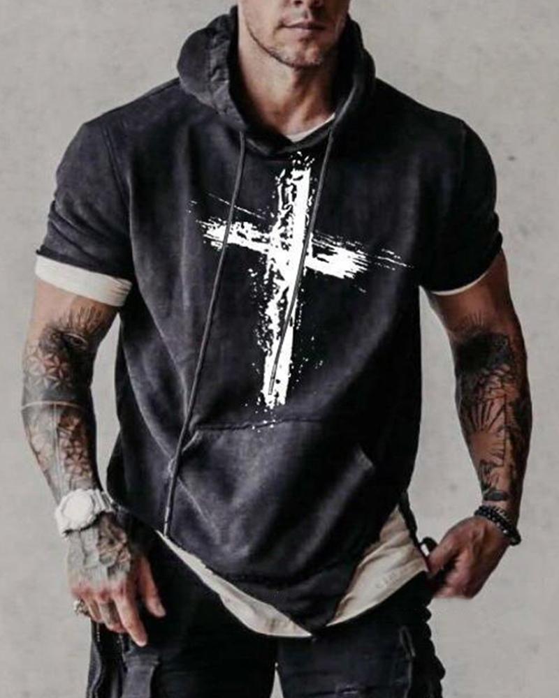 

Cross Print Short Sleeve Hooded Sweatshirts, Black