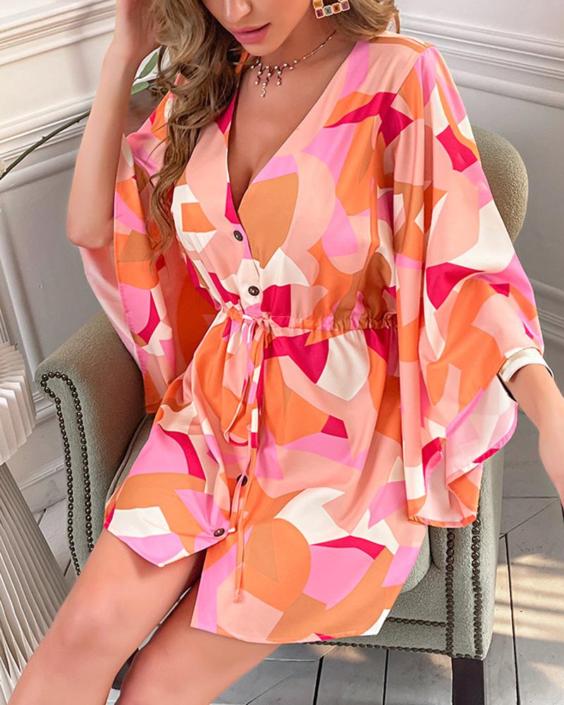 

Geo Print Drawstring Casual Dress, Multicolor