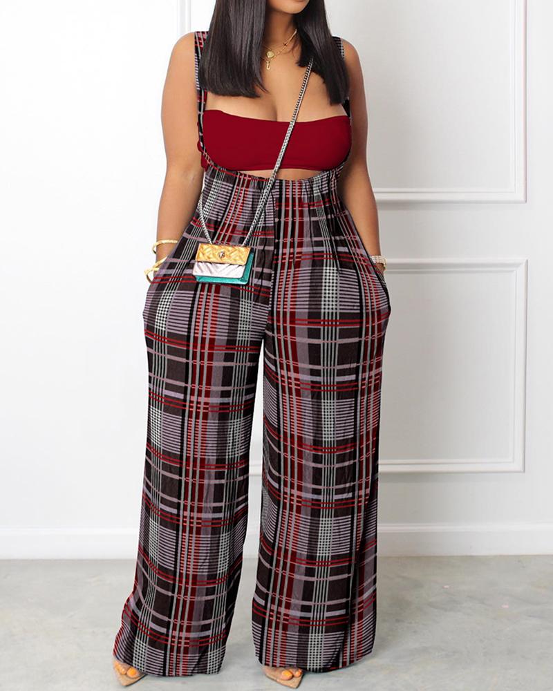

Plaid Print Wide Leg Suspender Jumpsuit, Wine red