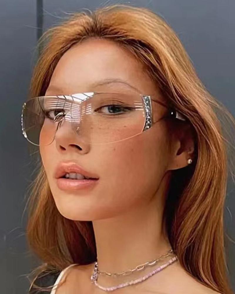 

1Pair Rimless Rhinestone Tinted Shield Sunglasses, Style4