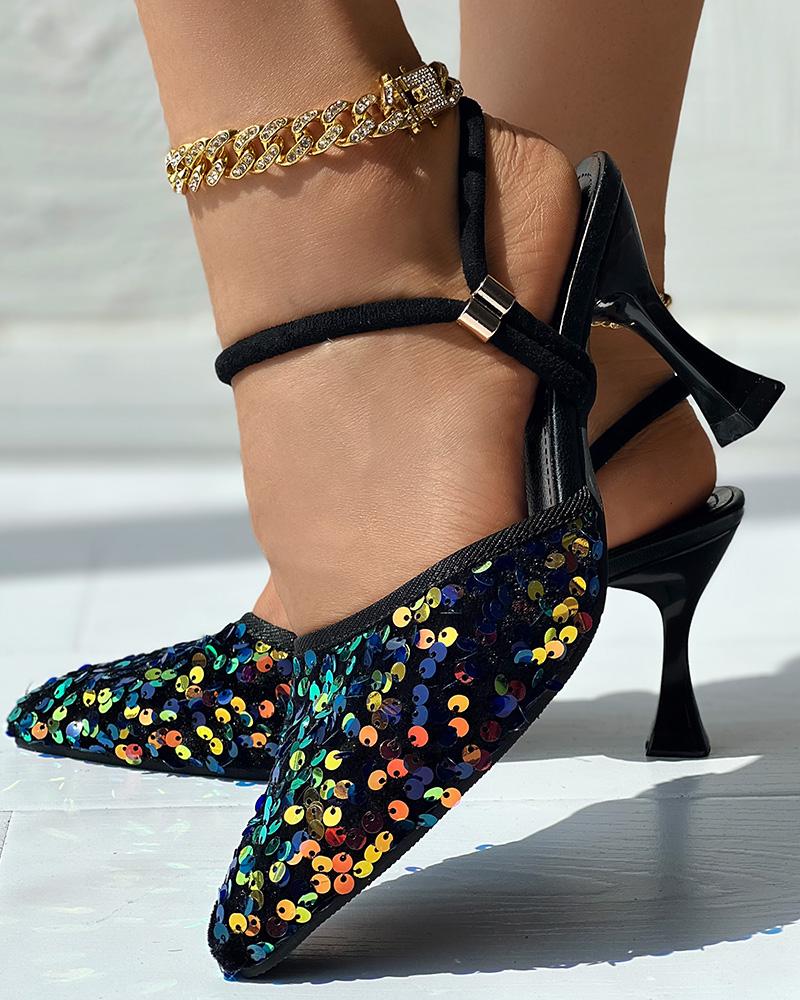 

Allover Sequin Slingback Pyramid Heel Pumps, Multicolor