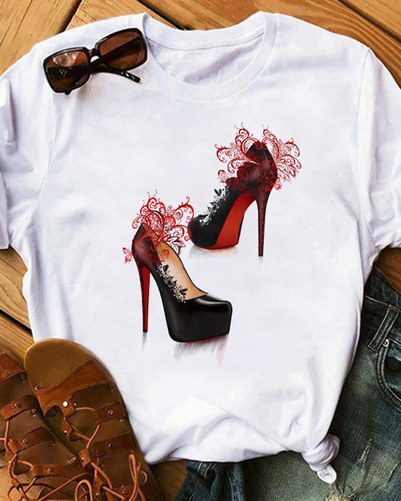 

Graphic Lace Heels Print Crew Neck Casual T-shirt, White