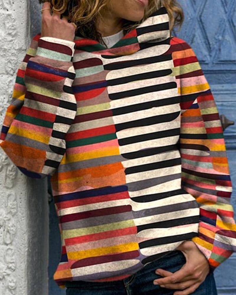 

Striped Print Long Sleeve Casual Hoodie, Multicolor