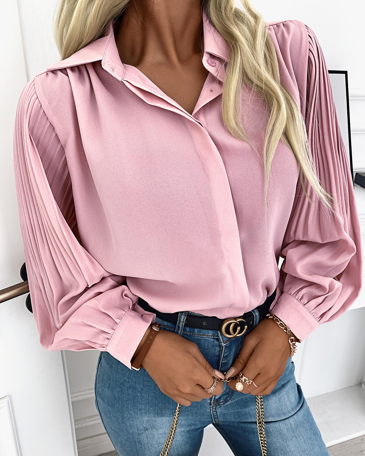 

Long Sleeve Plain Lantern Sleeve Shirt, Pink