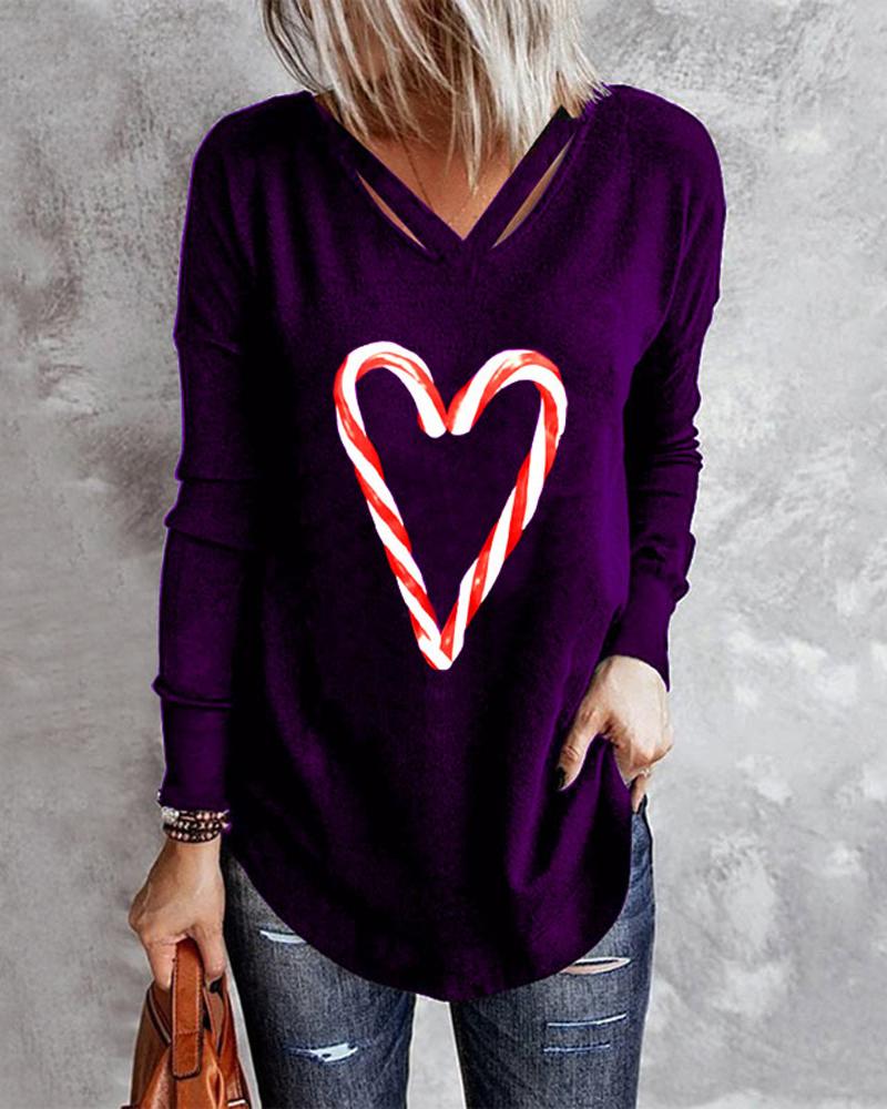 

Heart Print Long Sleeve Top, Purple