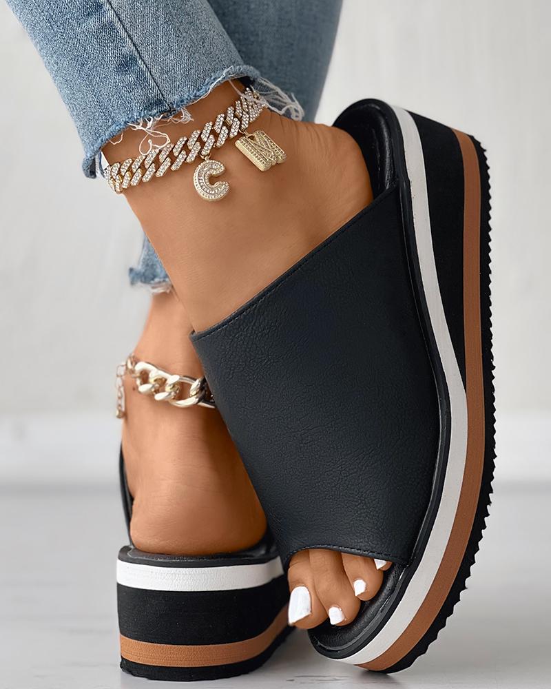 

Contrast Paneled Peep Toe Wedge Slippers, Black