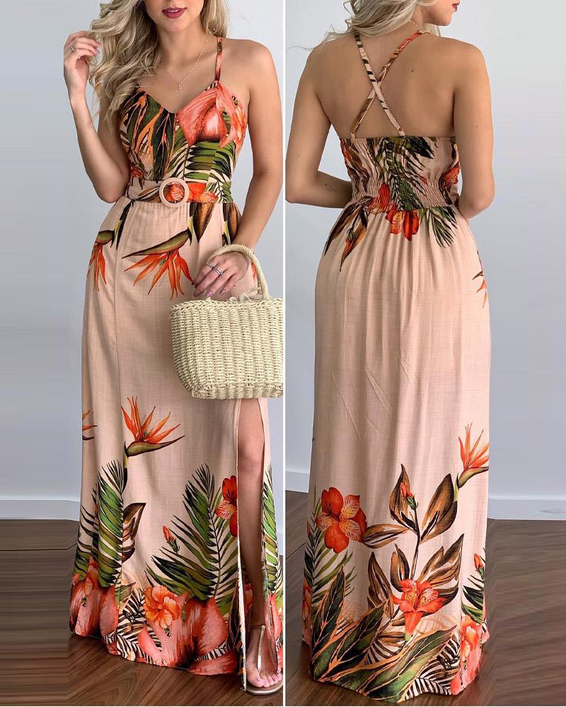 

Tropical Print Split Thigh Belt Design Maxi Dress, Orange