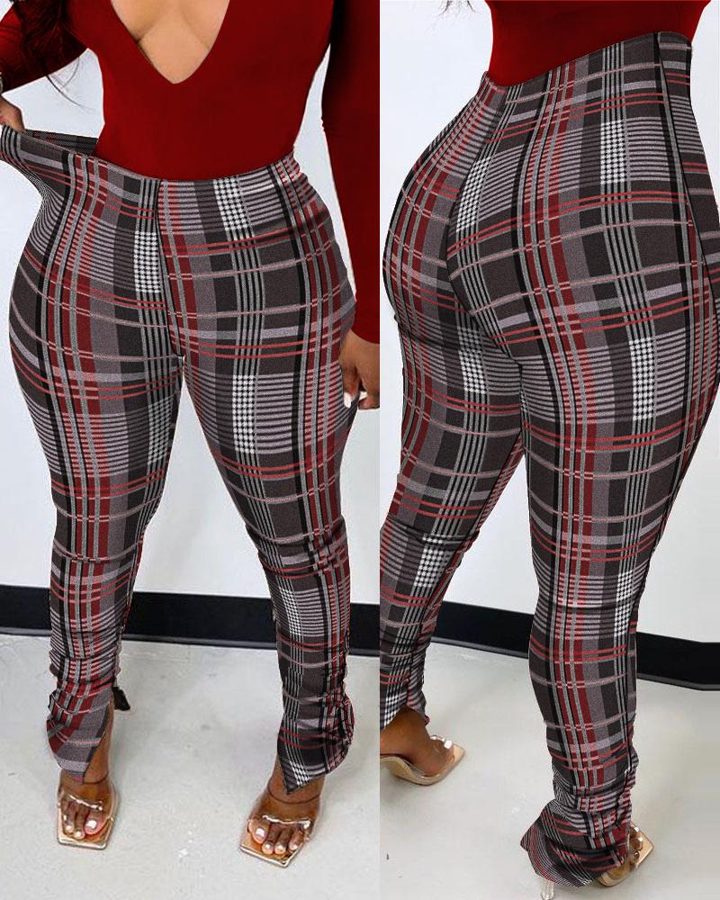 

Plaid Print Split Hem Stacked Skinny Pants, Red