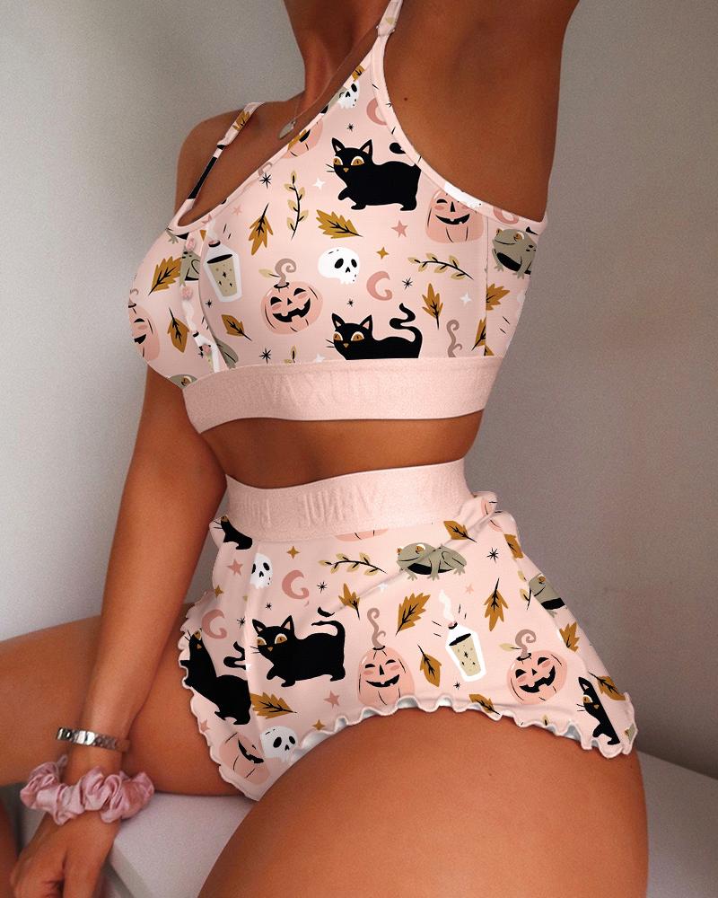 

Halloween Cat Pumpkin Graphic Print Frill Hem Cami Set, Pink