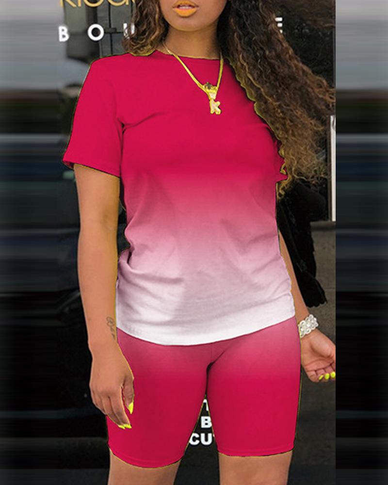 

Plus Size Ombre Casual Top & Shorts Set, Hot pink