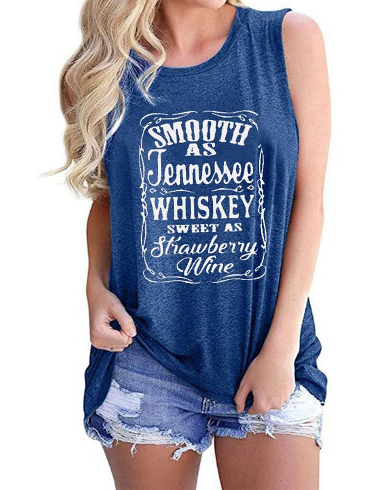 

Women' Whiskey Letter Print Sleeveless T-shirt, Blue