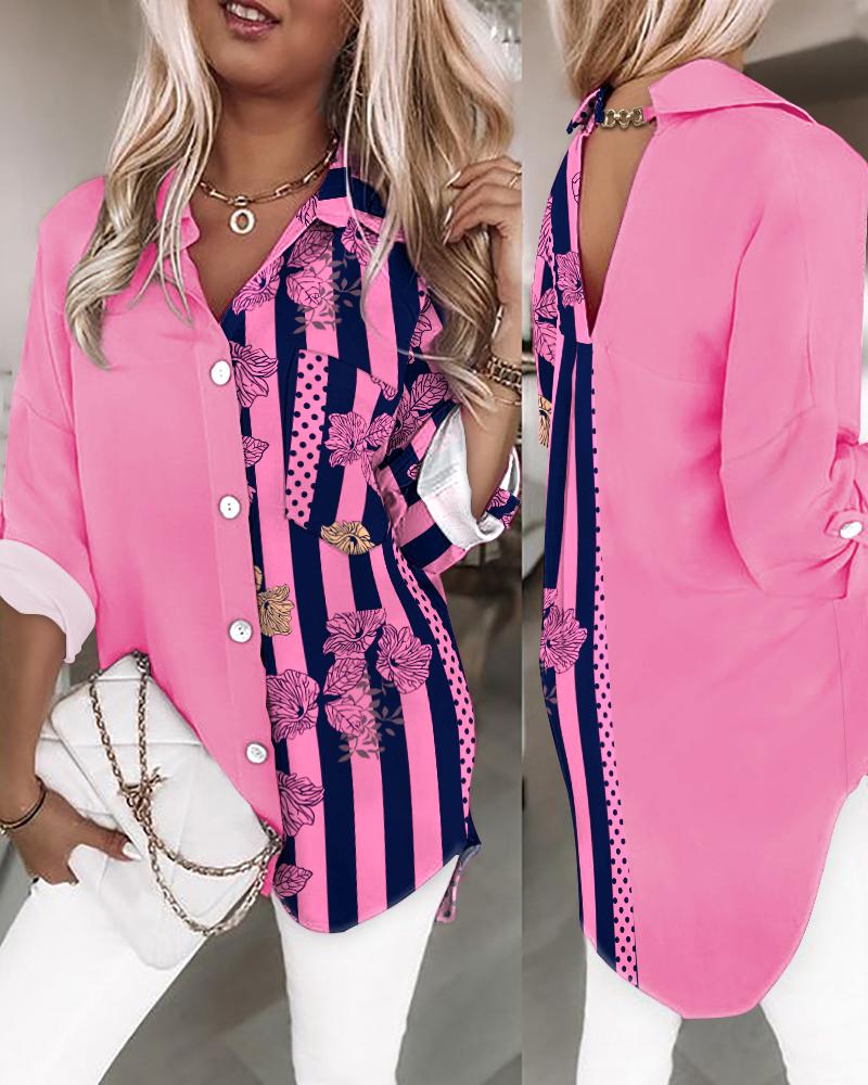 

Floral Striped Print Long Sleeve Button Down Shirt, Pink