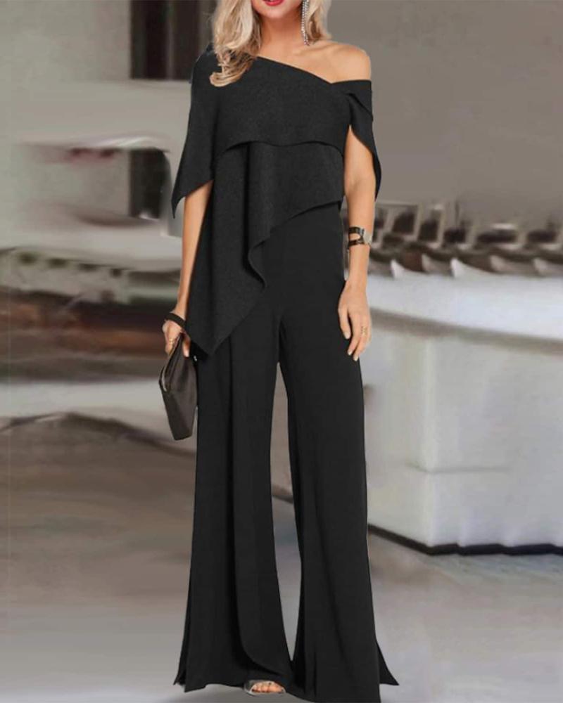 

Patchwork Cold Shoulder Split Hem Jumpsuit, Black