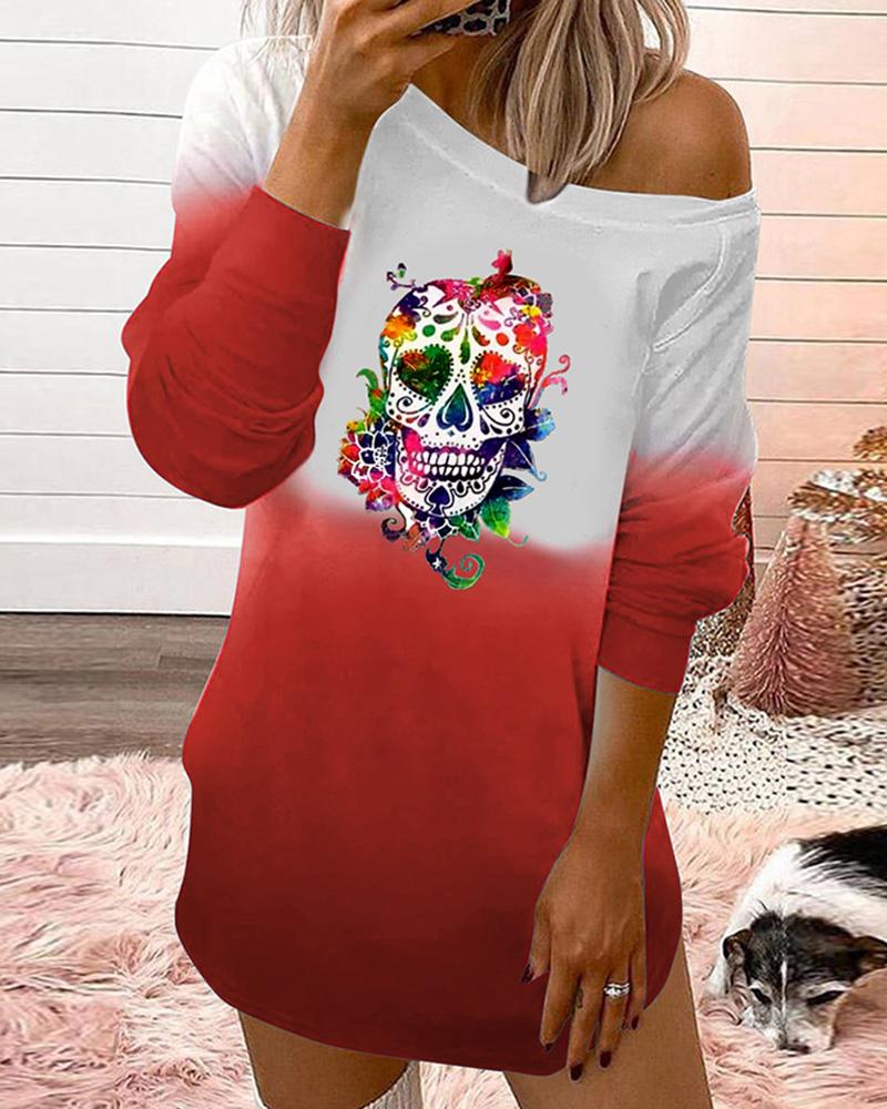 

Skull Print Colorblock Long Sleeve Top, Red