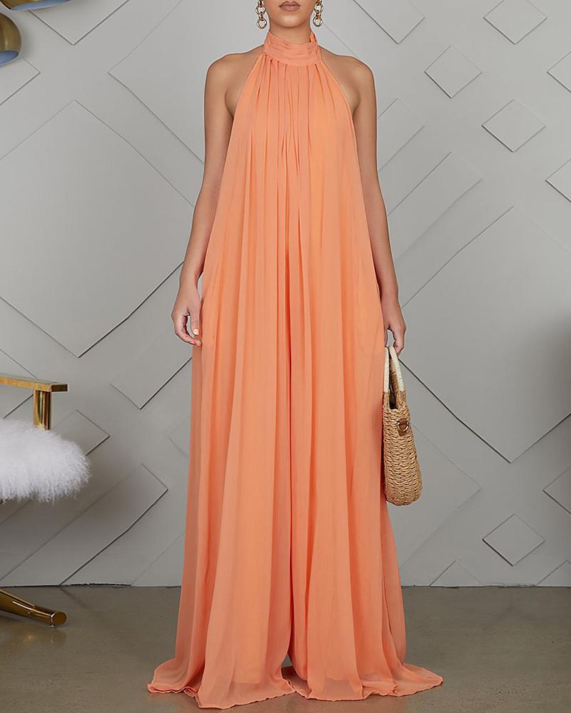 

Sleeveless Halter Backless Wide Leg Jumpsuit, Orange
