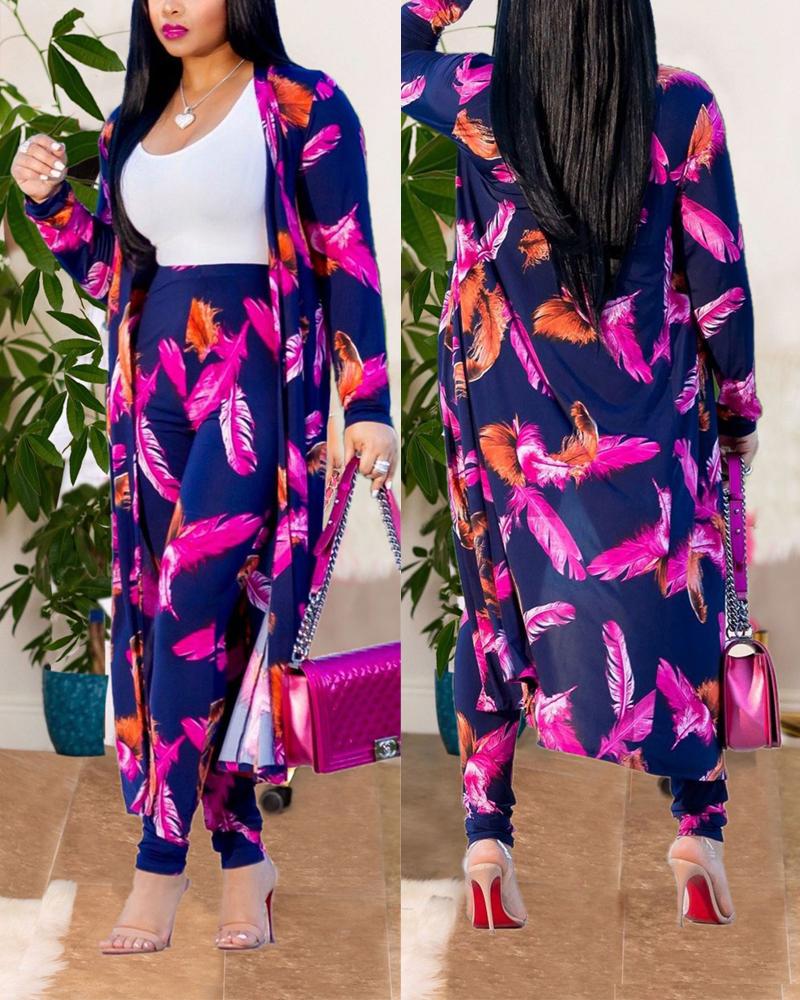 

Plus Size Feather Print Open Front Longline Top & Pants Set, Purple
