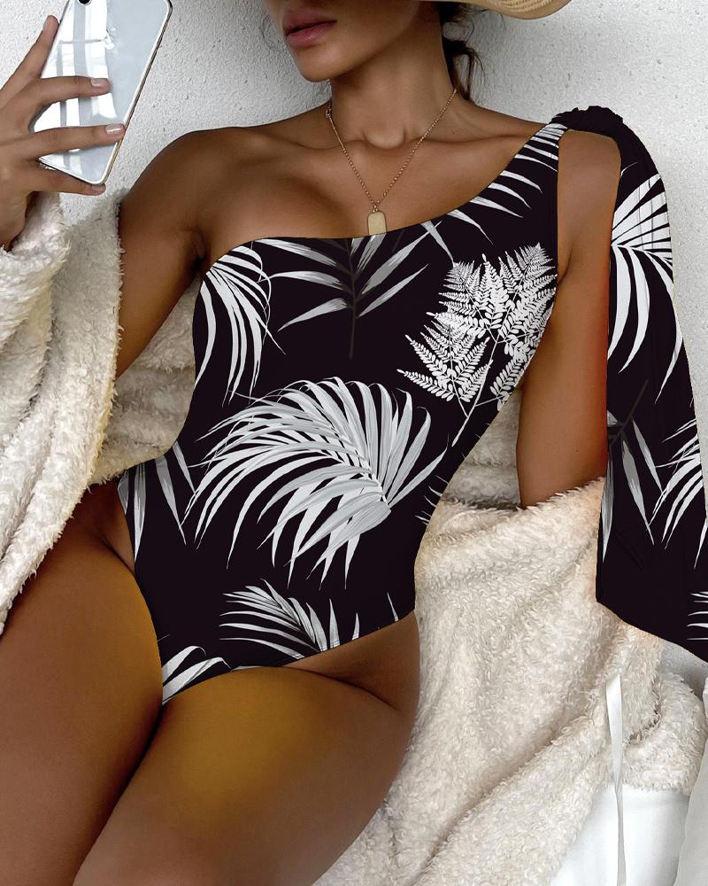 

Tropical Print Tied Detail One-Piece Swimsuit, Black